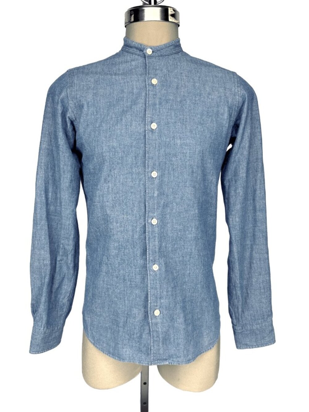 KAMAKURA Japanese Denim 100% Cotton Chambray Band Collar Shirt Blue S